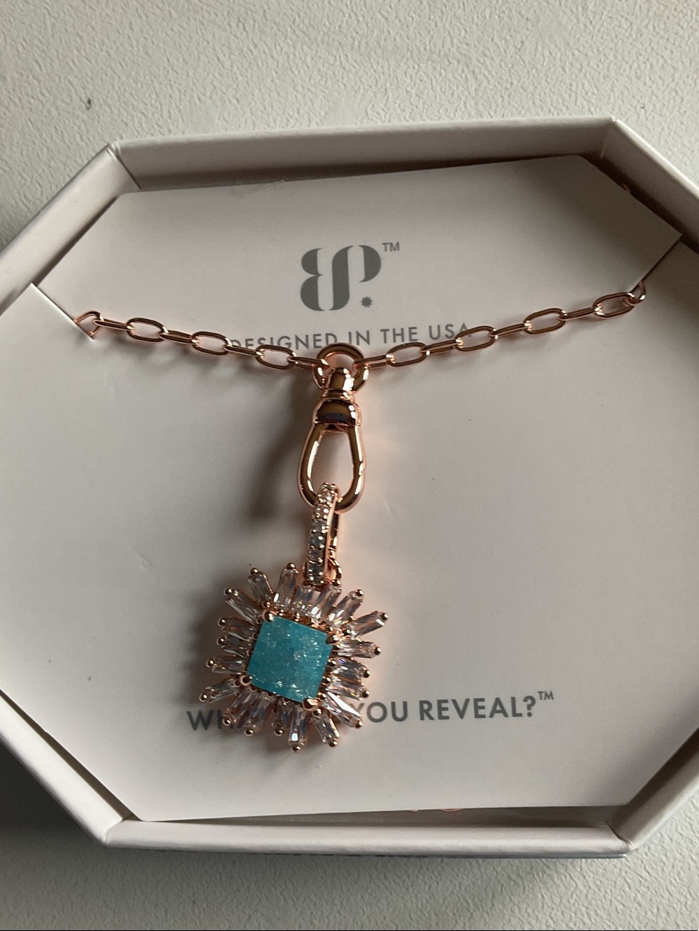 bp Rose Gold Necklace with Turquoise Square Pendant and Crystal Halo